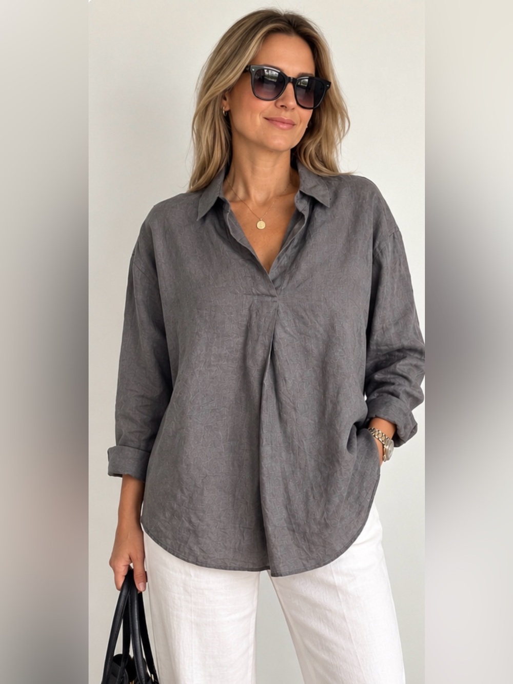 UNIQLO Women’s 100% Linen Skipper Shirt Gray Size L